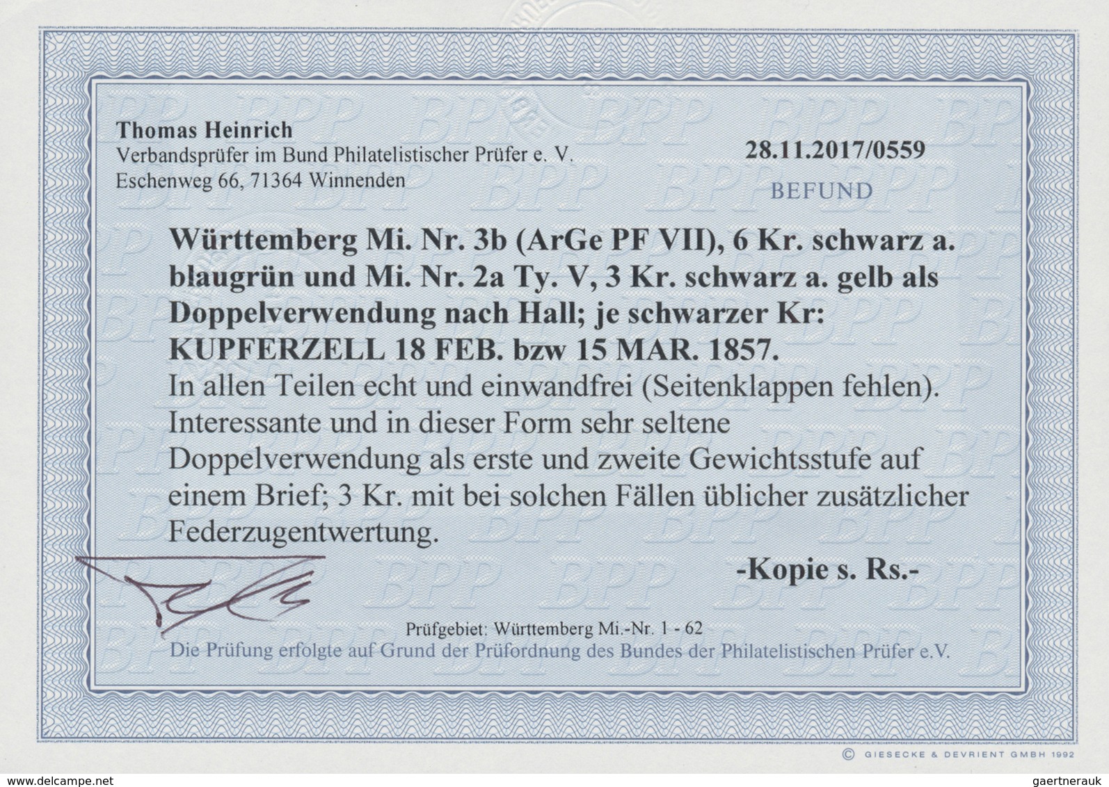17525 Württemberg - Marken Und Briefe: 1851, 6 Kr Schwarz Auf Blaugrün Und 3 Kr. Schwarz Auf Gelb Auf Dopp - Other & Unclassified