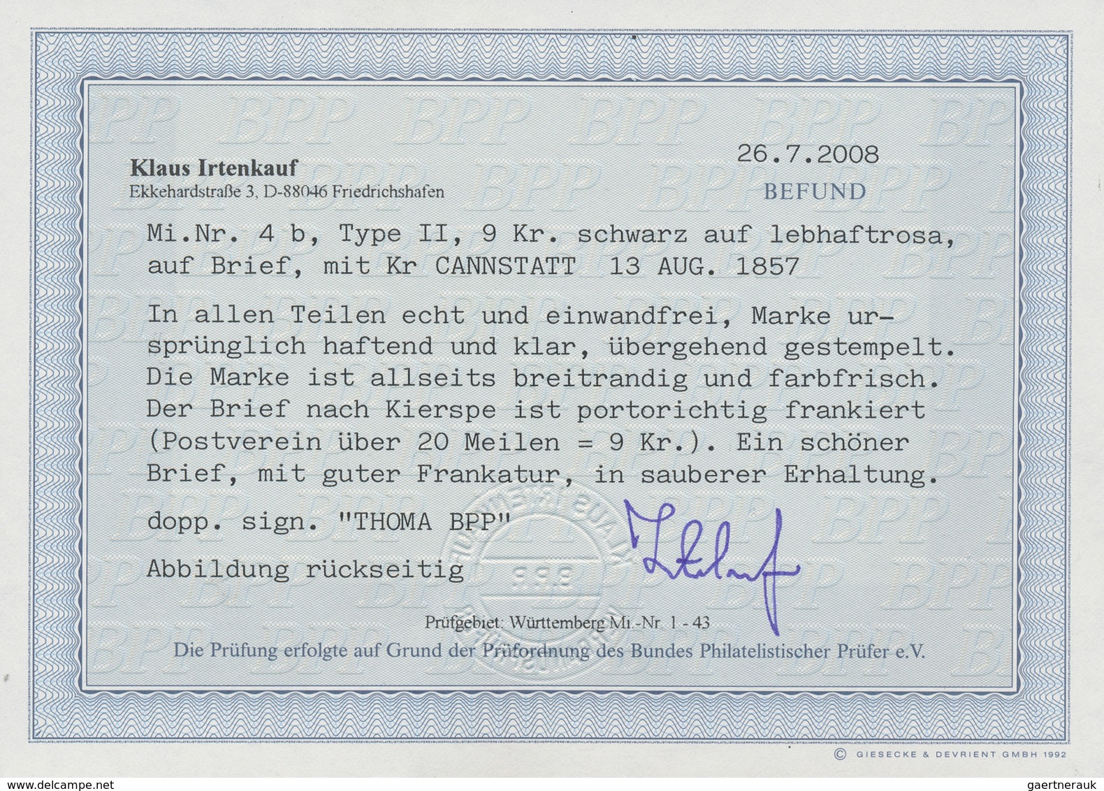 17529 Württemberg - Marken Und Briefe: 1851, Ziffern 9 Kr. Schwarz Auf B-Papierfarbe Lebhaftrosa Auf Faltb - Andere & Zonder Classificatie