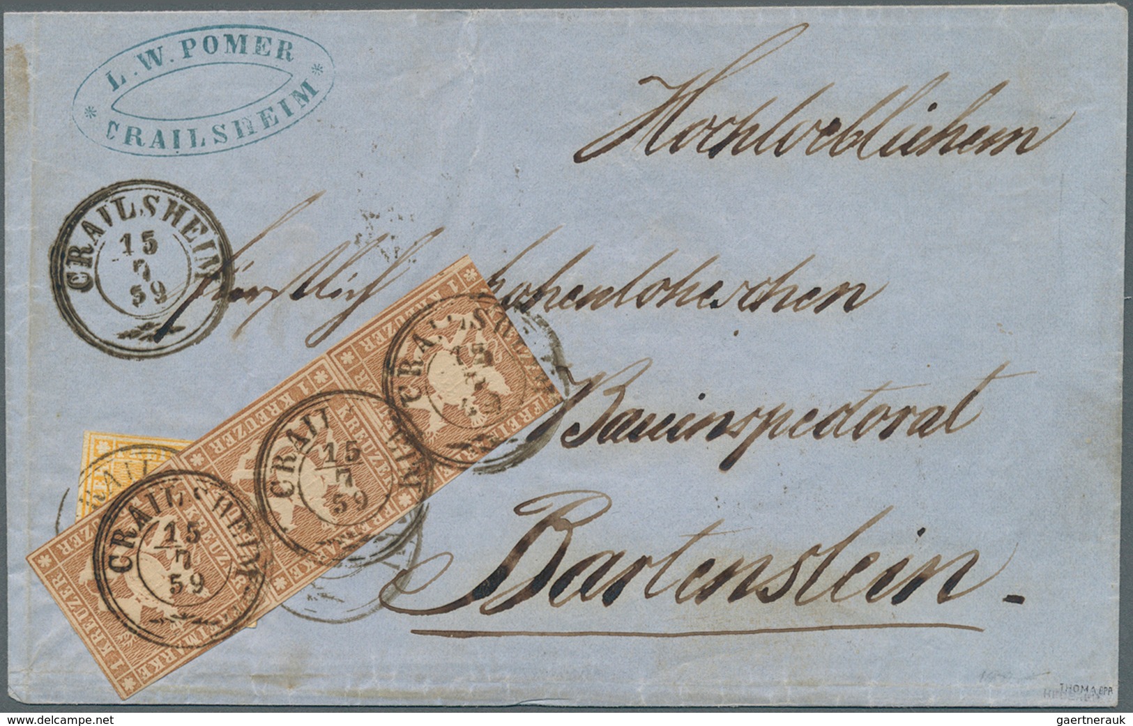 17534 Württemberg - Marken Und Briefe: 1857, Dreierstreifen 1 Kr. Rötlichbraun Mit Seidenfaden (linke Mark - Other & Unclassified