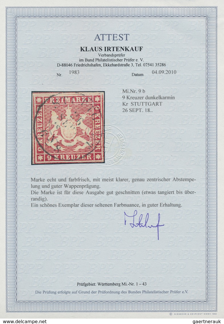 17545 Württemberg - Marken Und Briefe: 1857, Wappen 9 Kr. Mit Seidenfaden In Seltener B-Farbe Dunkelkarmin - Other & Unclassified