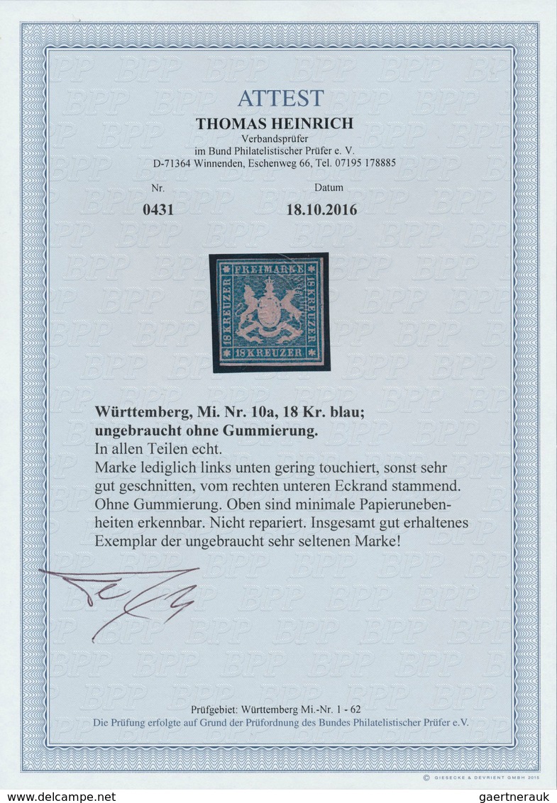 17547 Württemberg - Marken Und Briefe: 1857, 18 Kr. Hellblau Mit Seidenfaden, Ungebraucht Ohne Gummi, Sehr - Other & Unclassified