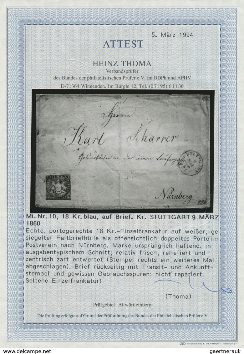17549 Württemberg - Marken Und Briefe: 1857 Einzelfrankatur 18 Kr. Blau Mit Seidenfaden Von "STUTTGART 9 M - Other & Unclassified