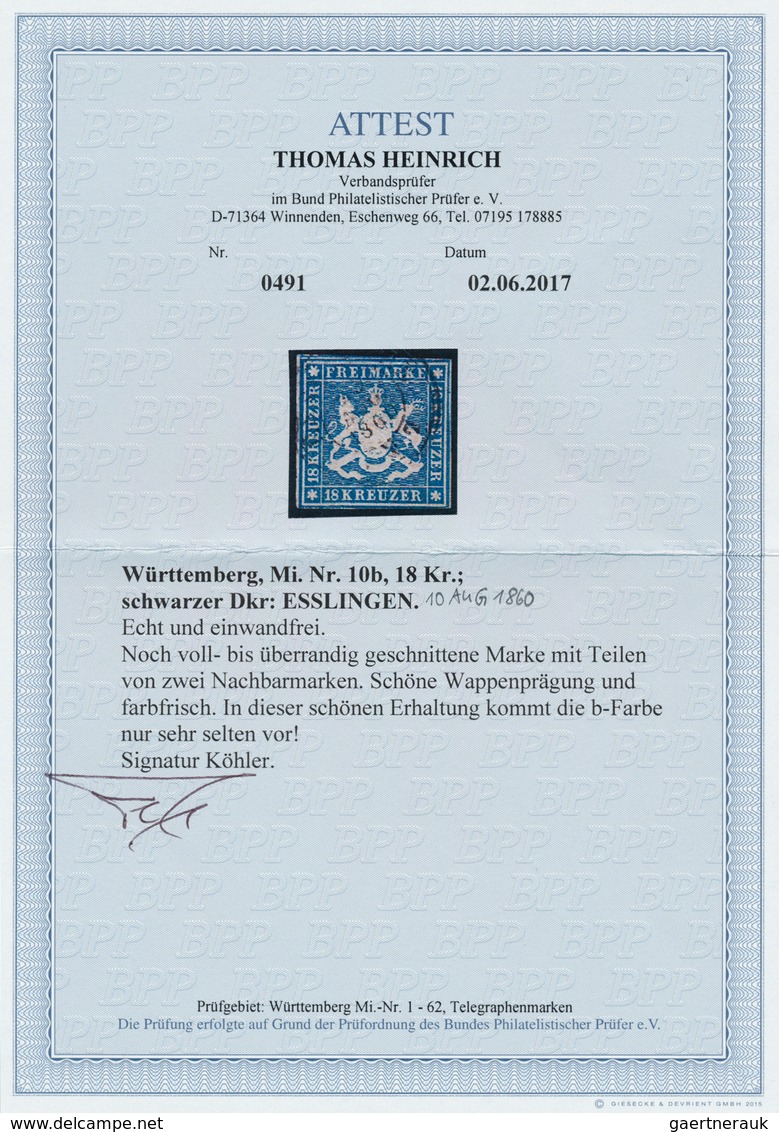 17551 Württemberg - Marken Und Briefe: 1857, Wappen 18 Kr. In B-Farbe Dunkelblau Mit Seidenfaden, Für Dies - Other & Unclassified