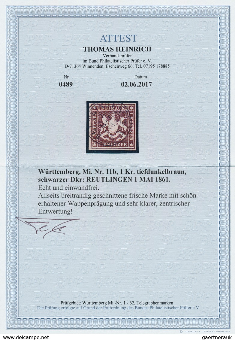 17555 Württemberg - Marken Und Briefe: 1859, Wappen 1 Kreuzer In B-Farbe Tiefdunkelbraun Ohne Seidenfaden, - Other & Unclassified