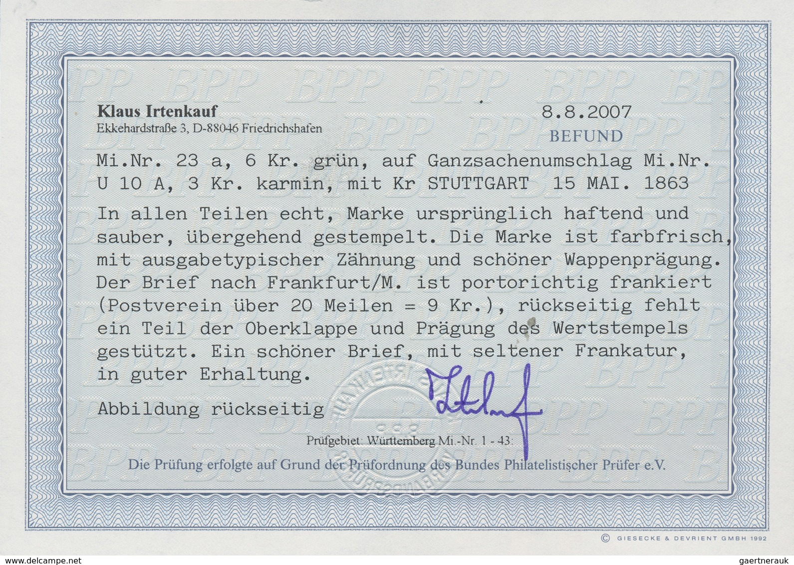 17662 Württemberg - Ganzsachen: 1863, GA-Umschlag 3 Kreuzer Karmin Mit Zusatzfrankatur 1862 Wappenmarke 6 - Sonstige & Ohne Zuordnung