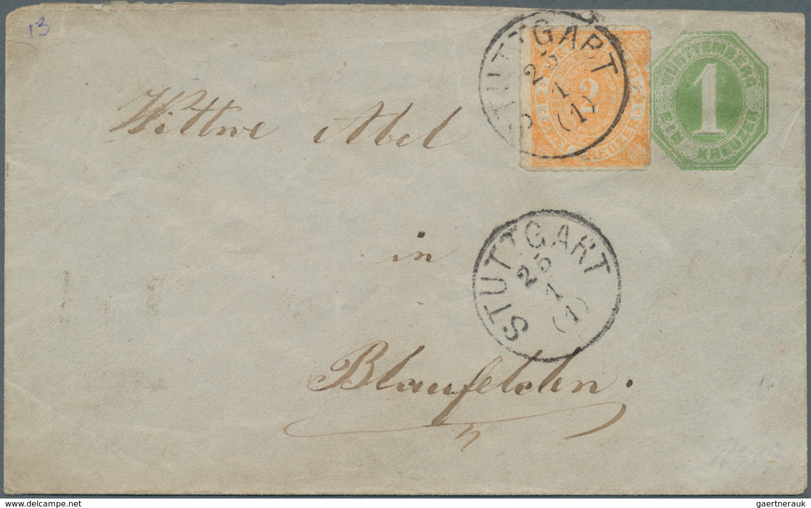 17669 Württemberg - Ganzsachen: 1874, GA-Umschlag 1 Kr. Mit Klappenstempel Wappen (leichte Altersspuren) U - Other & Unclassified