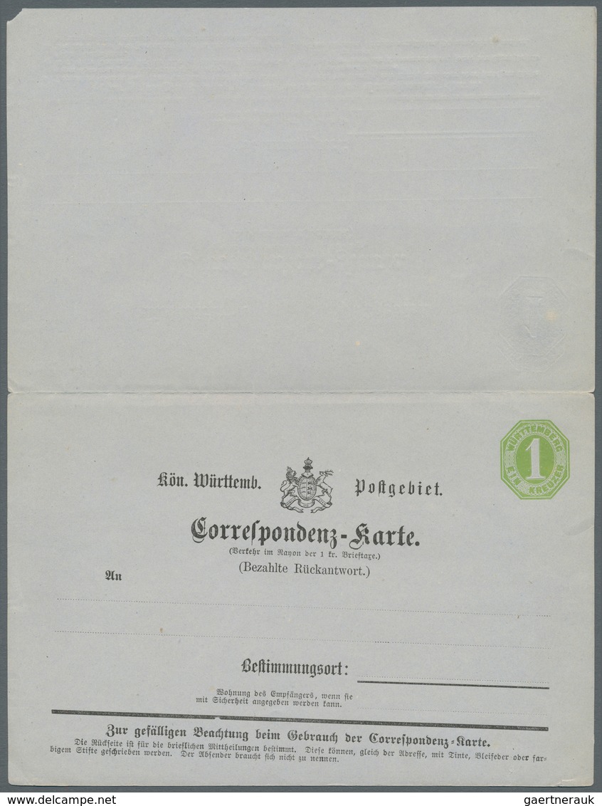 17673 Württemberg - Ganzsachen: 1871, 1 Kr./1 Kr. Doppelkarte Mit DOPPELTEM FARBLOSEM "Albino"-Werteindruc - Sonstige & Ohne Zuordnung