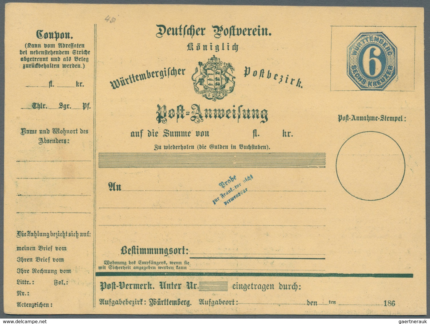 17677 Württemberg - Ganzsachen: 1866, Seltener Post-Anweisungs-PROBEDRUCK 6 Kr. Blau Mit Punkt-Rahmen Um W - Other & Unclassified