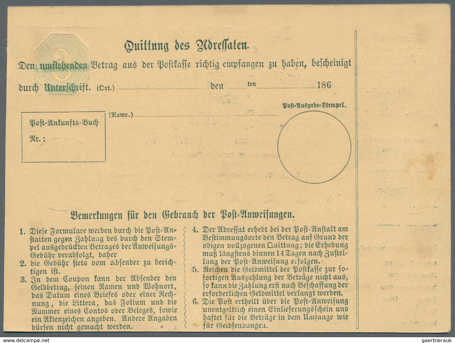 17677 Württemberg - Ganzsachen: 1866, Seltener Post-Anweisungs-PROBEDRUCK 6 Kr. Blau Mit Punkt-Rahmen Um W - Other & Unclassified