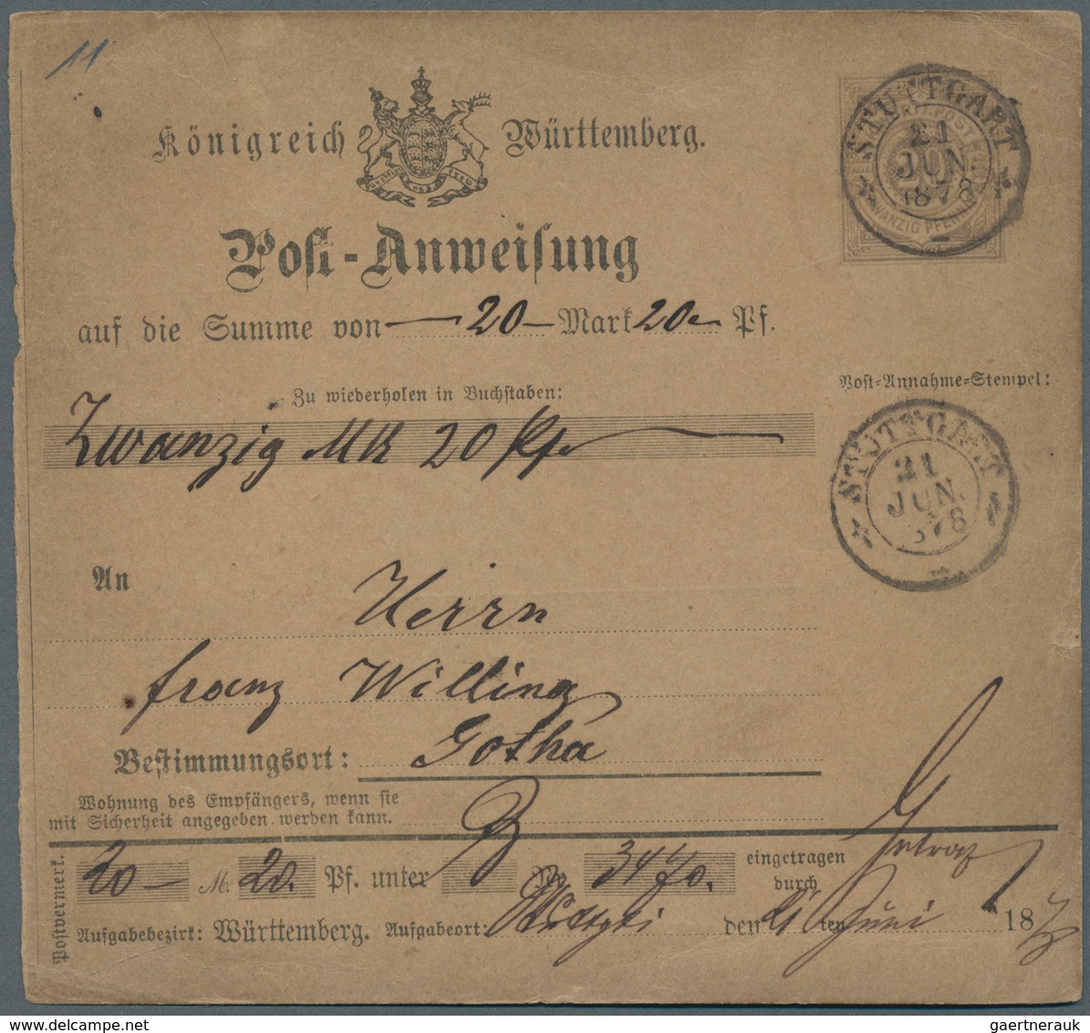 17678 Württemberg - Ganzsachen: 1878/1891, 3 Postanweisungen Aus Stuttgart Nach Neresheim (A14), Nach Goth - Sonstige & Ohne Zuordnung