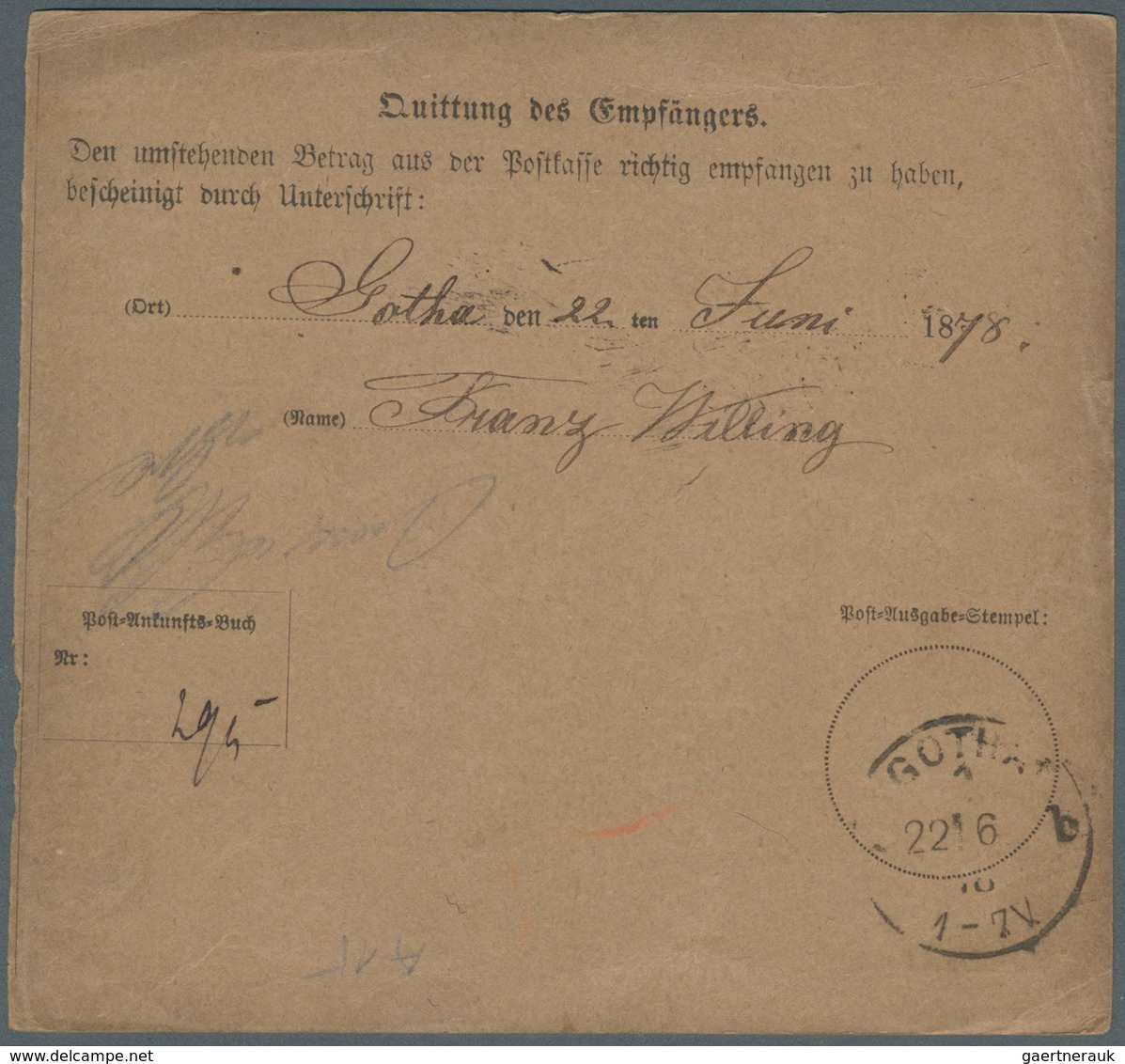 17678 Württemberg - Ganzsachen: 1878/1891, 3 Postanweisungen Aus Stuttgart Nach Neresheim (A14), Nach Goth - Sonstige & Ohne Zuordnung