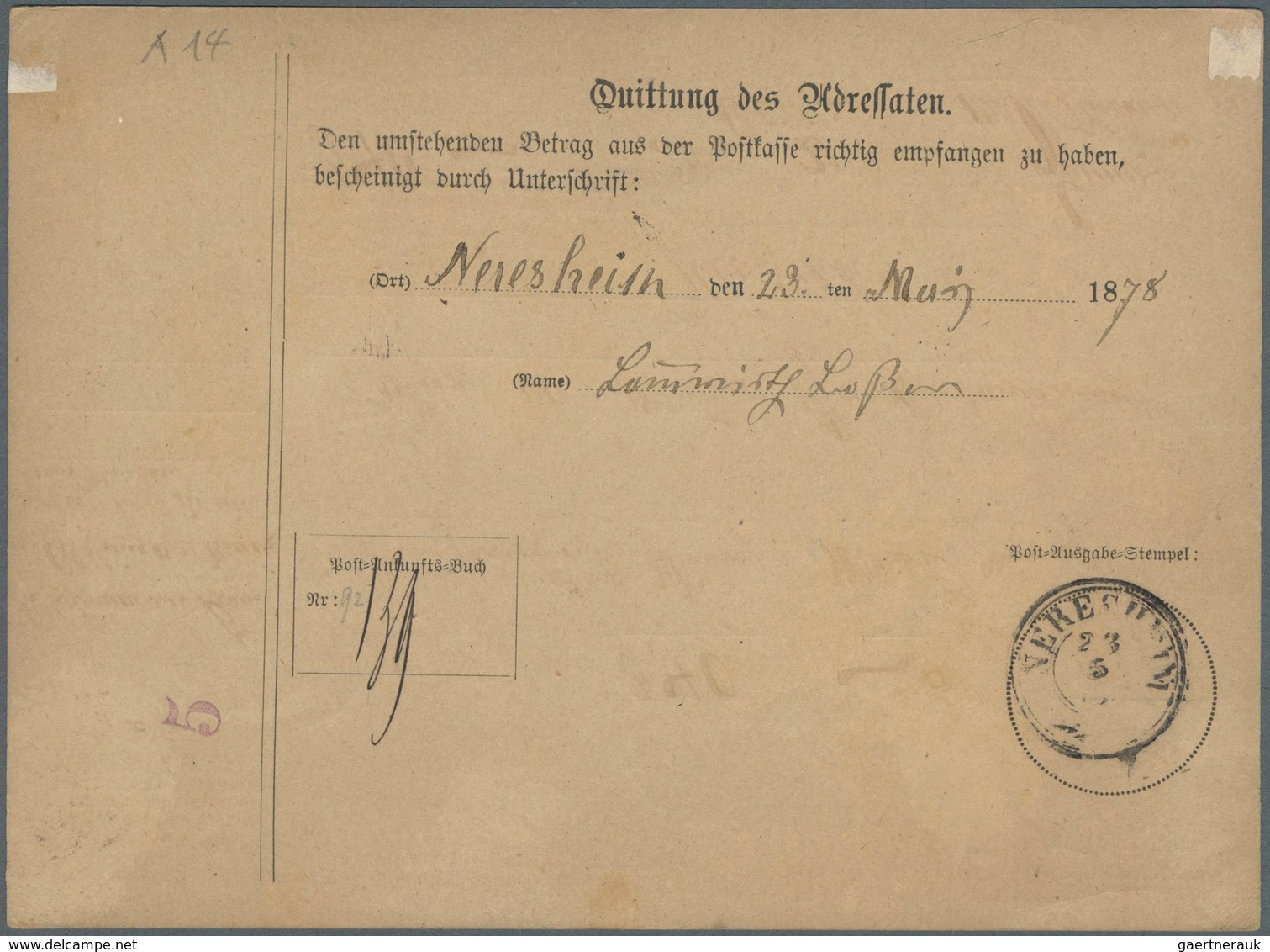 17678 Württemberg - Ganzsachen: 1878/1891, 3 Postanweisungen Aus Stuttgart Nach Neresheim (A14), Nach Goth - Other & Unclassified