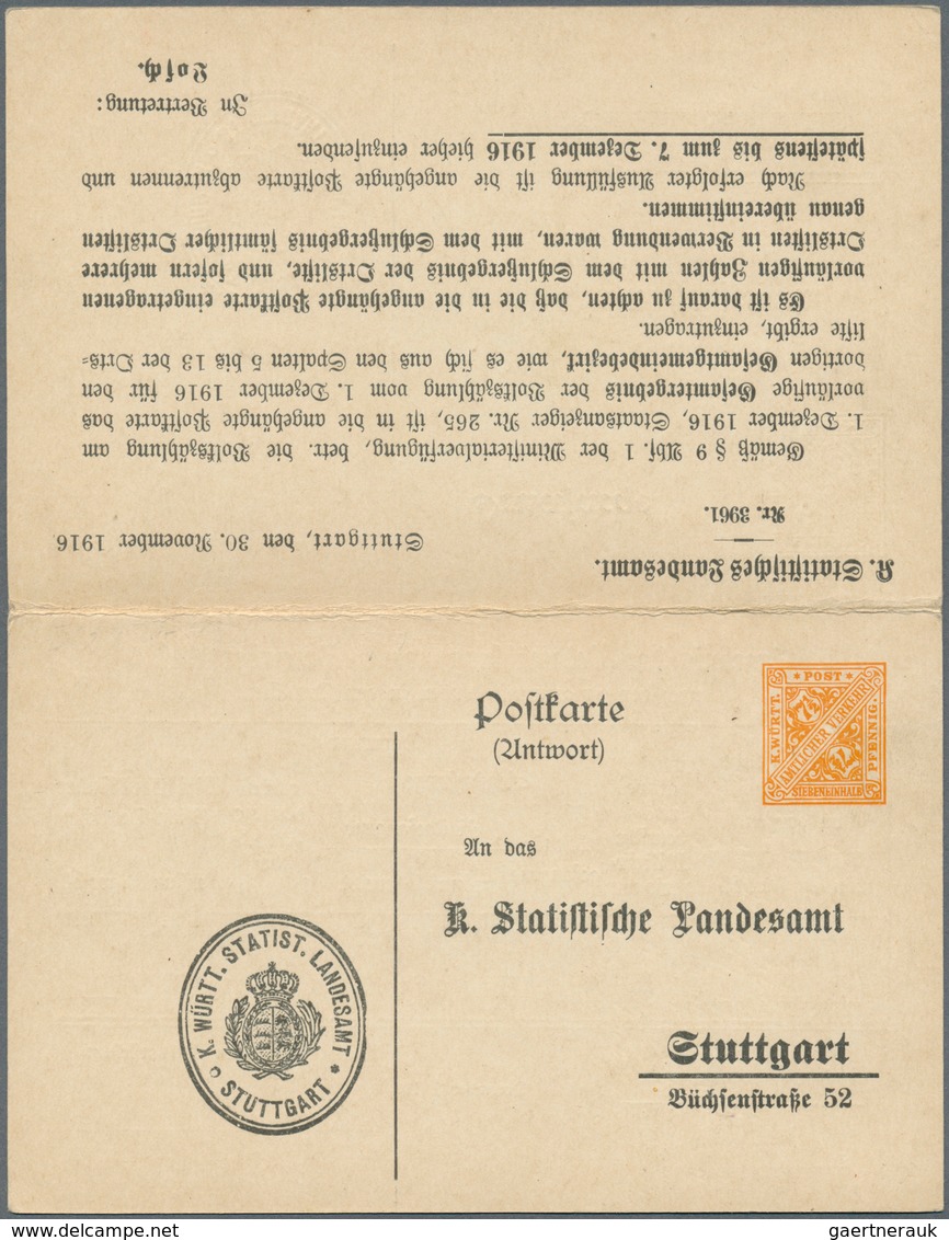 17685 Württemberg - Ganzsachen: 1916. Dienst-Doppelkarte 3 Pf Braun / 7½ Pf Orange "Volkszählung 1916", Un - Other & Unclassified
