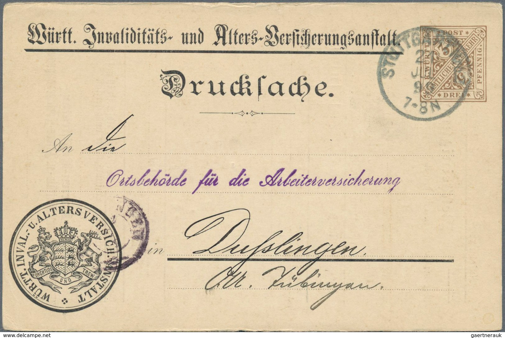 17686 Württemberg - Ganzsachen: 1899. Dienst-Postkarte 3 Pf Braun "Württ. Invaliditäts- U. Alters-Versiche - Sonstige & Ohne Zuordnung