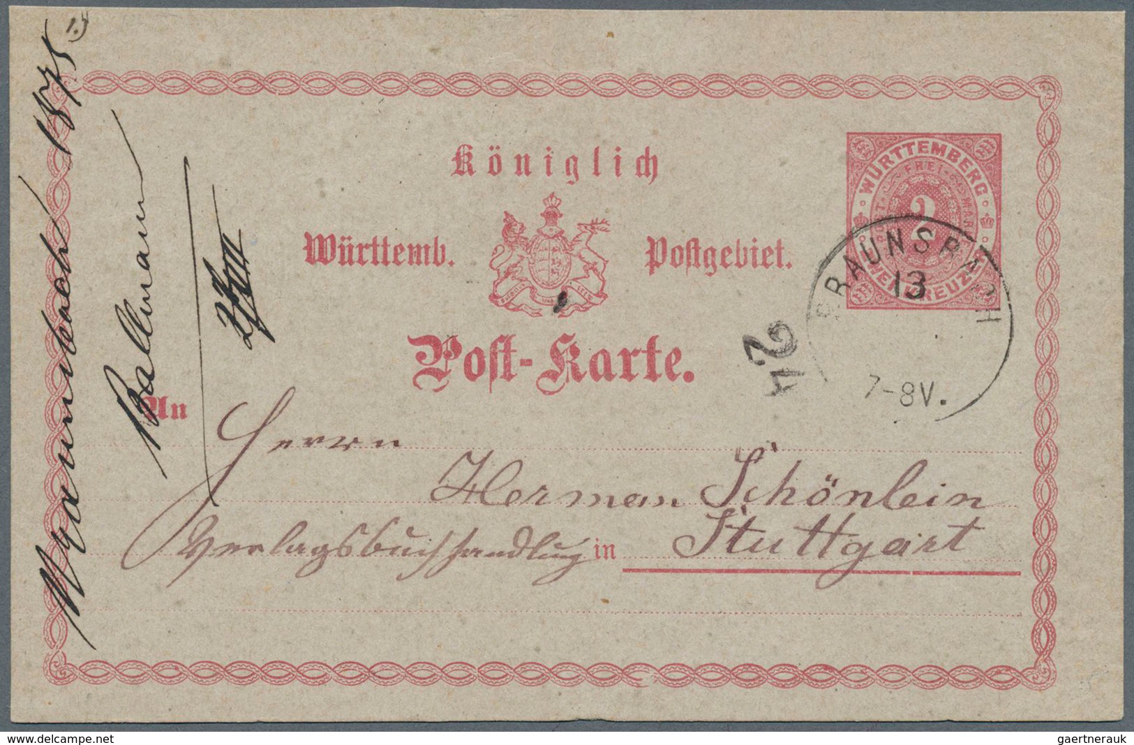 17689 Württemberg - Stempel: 1875, BRAUNSBACH, 13 (6 75), K1 Auf 2 Kr Lilarot Ganzsachenkarte Nach Stuttga - Other & Unclassified