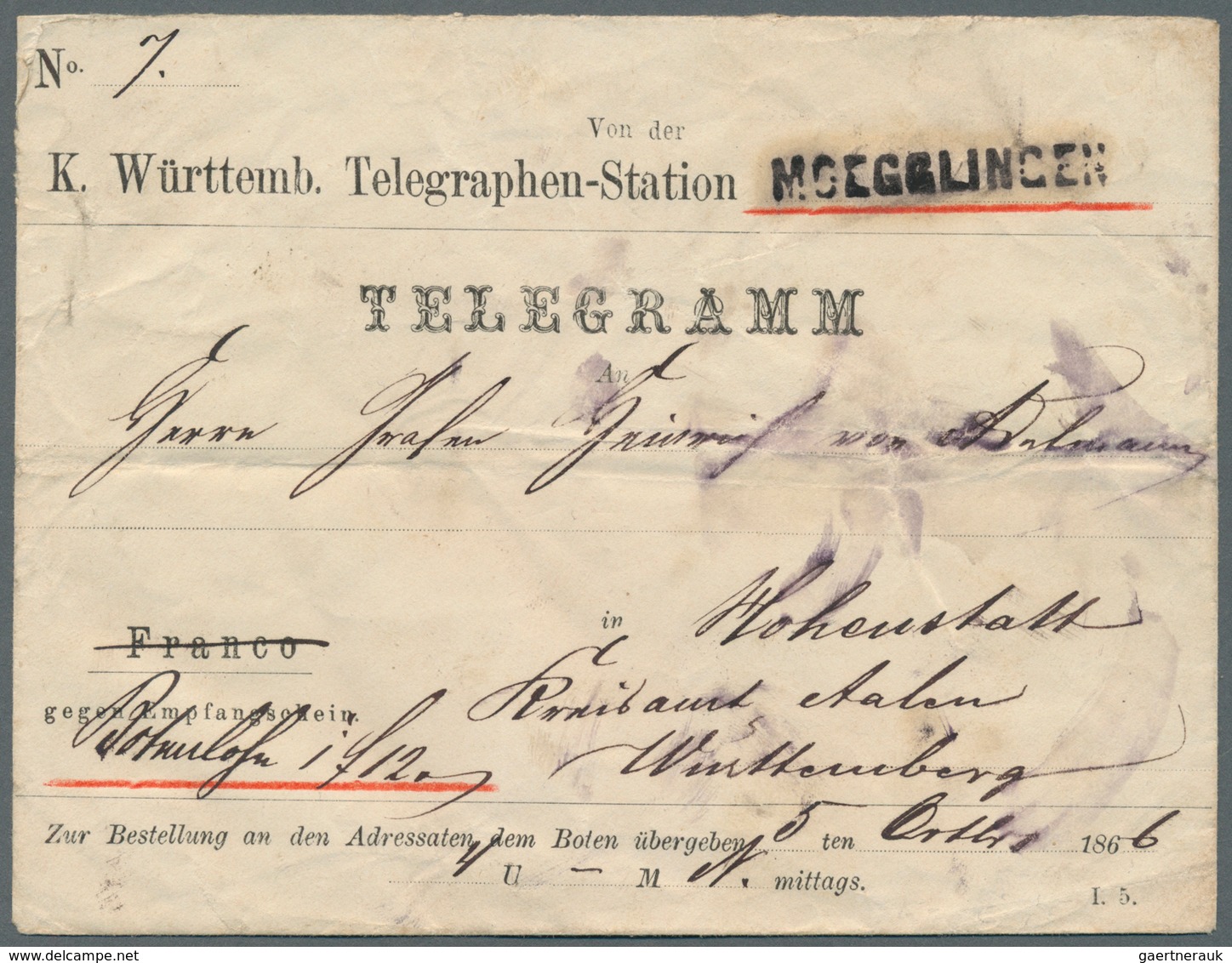 17699 Württemberg - Langstempel, Einzeilig: 1866, L1 MOEGGLINGEN, Telegraphenstempel Auf Vorgedrucktem TEL - Other & Unclassified