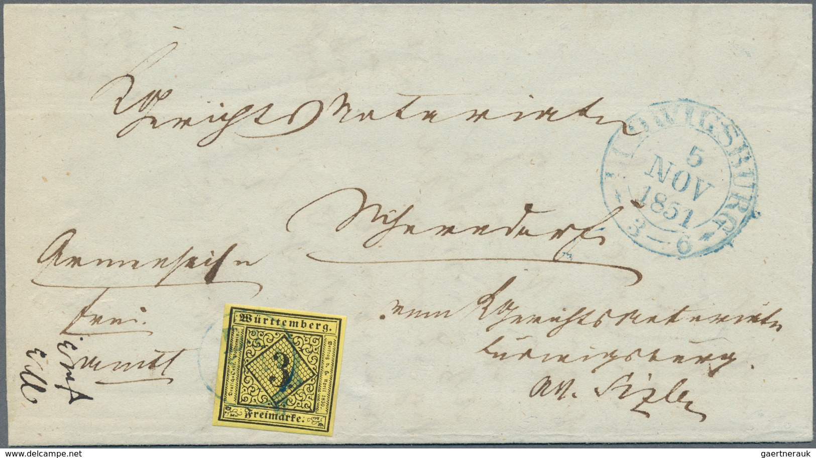 17707 Württemberg - Stumme Stempel: LUDWIGSBURG 1851: "D4 5/11", Blauer Distributionsstempel Als Alleinige - Other & Unclassified