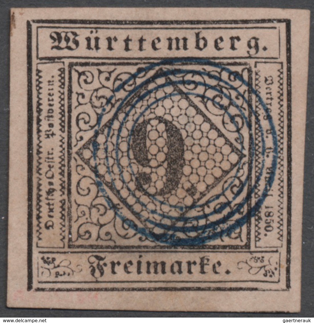 17709 Württemberg - Stumme Stempel: TÜBINGEN 1851: 9 Kreuzer Schwarz Auf Mattrosa, Farbfrisches Und Allsei - Other & Unclassified