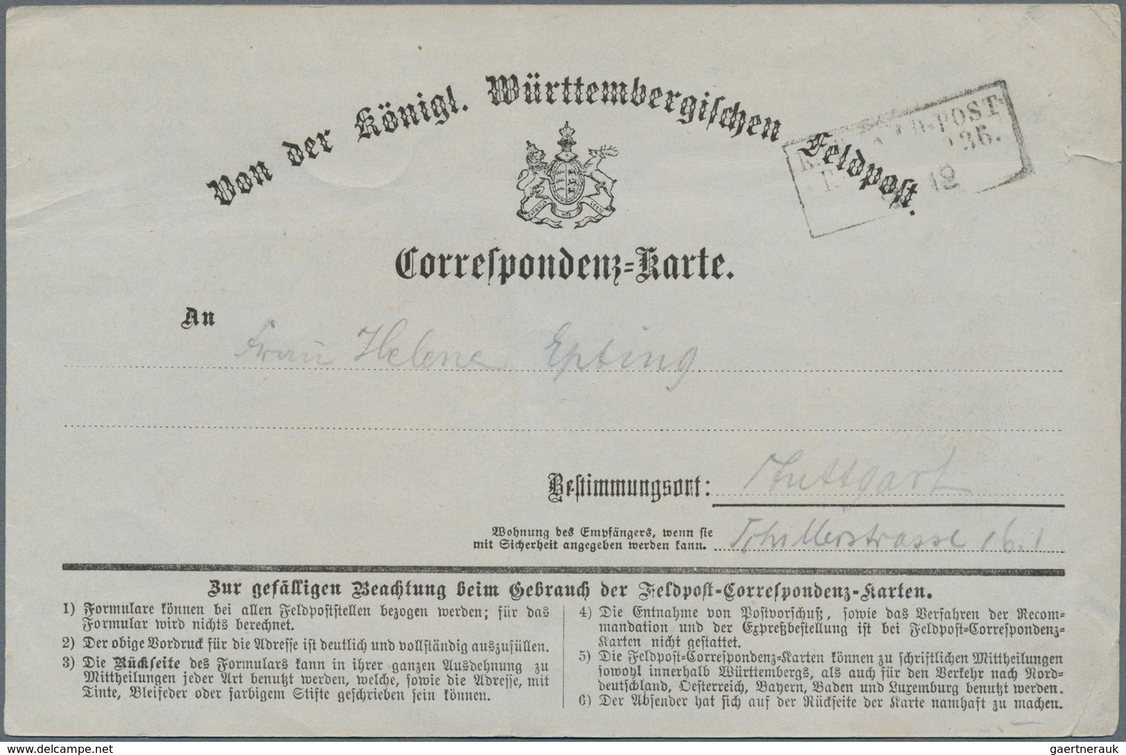 17716 Württemberg - Feldpost: 1871, Württembergische-Feldpost-Korrespondenz-Karte (rechts 1 Cm Riss, Sonst - Other & Unclassified