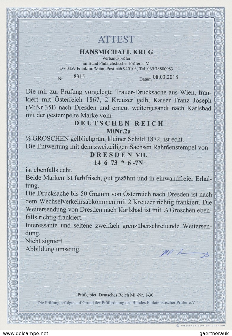 17800 Deutsches Reich - Brustschild: 1872 ZWEILÄNDER-FRANKATUR Kleiner Schild 1/3 Gr. Grün + Österreich Fr - Unused Stamps