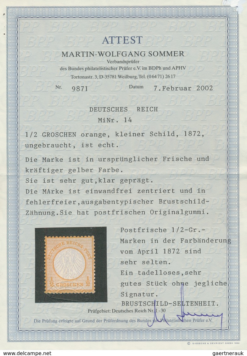 17824 Deutsches Reich - Brustschild: 1872, 1/2 Groschen Orange, Kleiner Schild In Kräftiger Gelber Nuance, - Unused Stamps