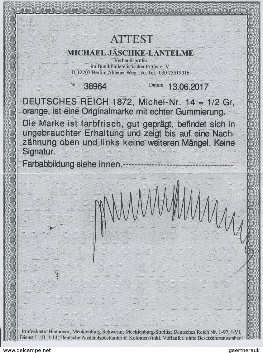 17824 Deutsches Reich - Brustschild: 1872, 1/2 Groschen Orange, Kleiner Schild In Kräftiger Gelber Nuance, - Unused Stamps