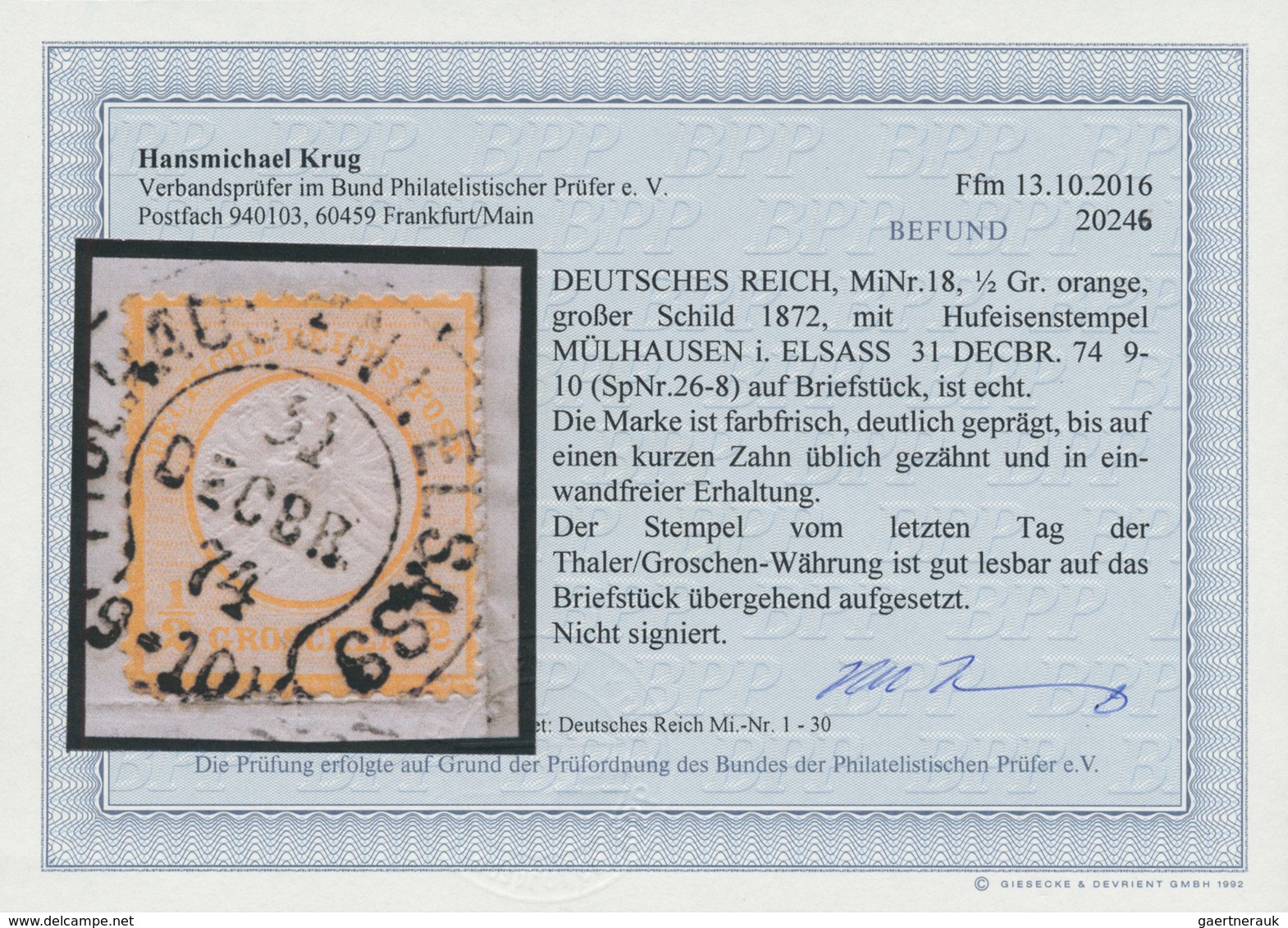 17833 Deutsches Reich - Brustschild: ½ Gr. Orange, Normal Gezähntes Prachtstück Mit Zentrischem Hufeisen - - Neufs