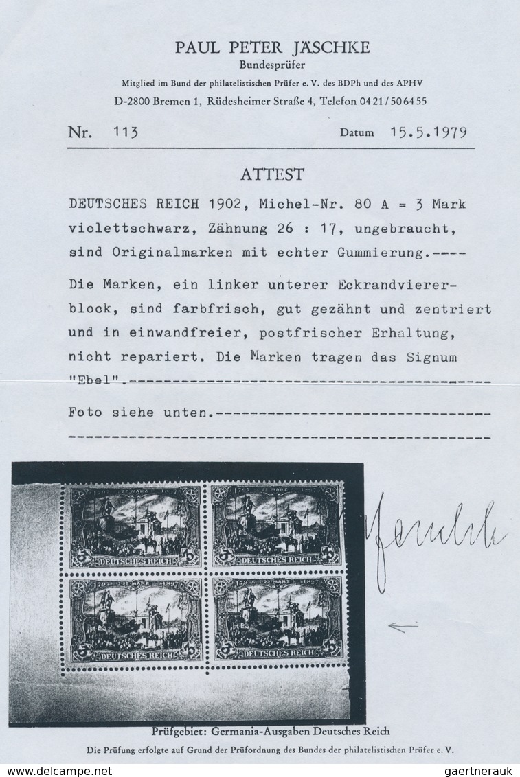 17928 Deutsches Reich - Germania: 1902, "3 M. "Enthüllung Des Denkmals Kaiser Wilhelms I.", Ungefaltetes L - Unused Stamps