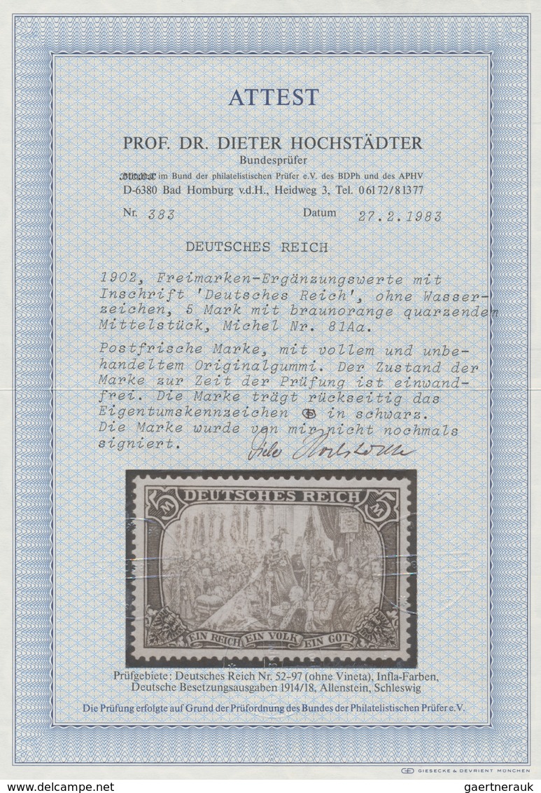 17931 Deutsches Reich - Germania: 1904, 5 M Kaiserreich, Grünschwarz/dunkelkarmin, Gelblichrot Quarzend, 2 - Unused Stamps