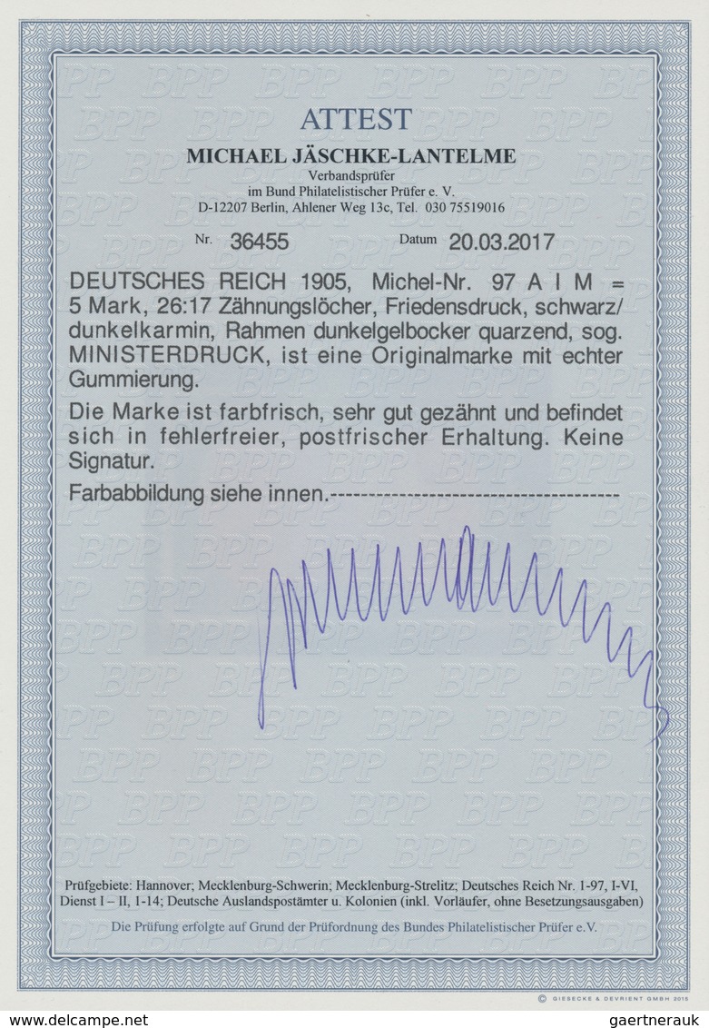 17944 Deutsches Reich - Germania: 1905, 5 M Friedensdruck, 26 : 17 Zähnungslöcher, MINISTERDRUCK, Farbfris - Unused Stamps