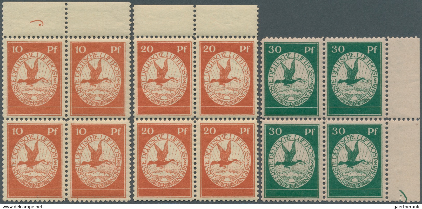 17945 Deutsches Reich - Germania: 1912, 10 Pfg. - 30 Pfg. Flugpost Rhein/Main, Kompletter Viererblocksatz - Unused Stamps