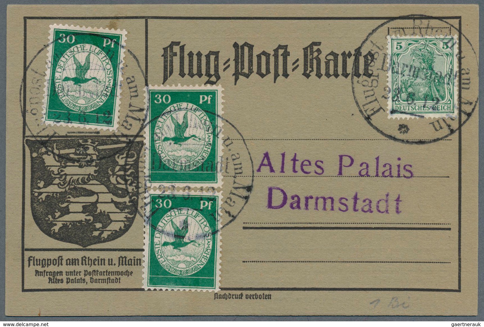 17951 Deutsches Reich - Germania: 1912, Flugpost Rhein/Main, 3 X 30 Pfg., Darmstadt, 23.6., Sowie Gelber H - Unused Stamps