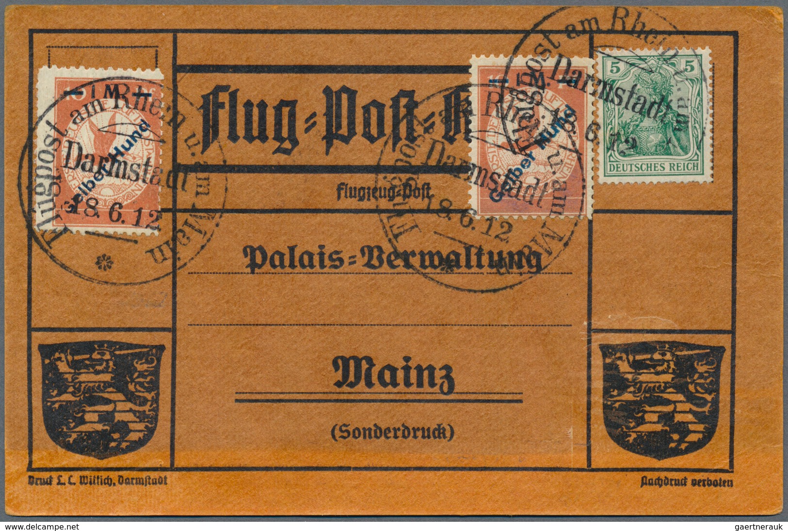 17952 Deutsches Reich - Germania: 1912: Flugpost Rhein-Main/Gelber Hund (Mi IV) 2x Auf Orangener Karte (le - Ungebraucht