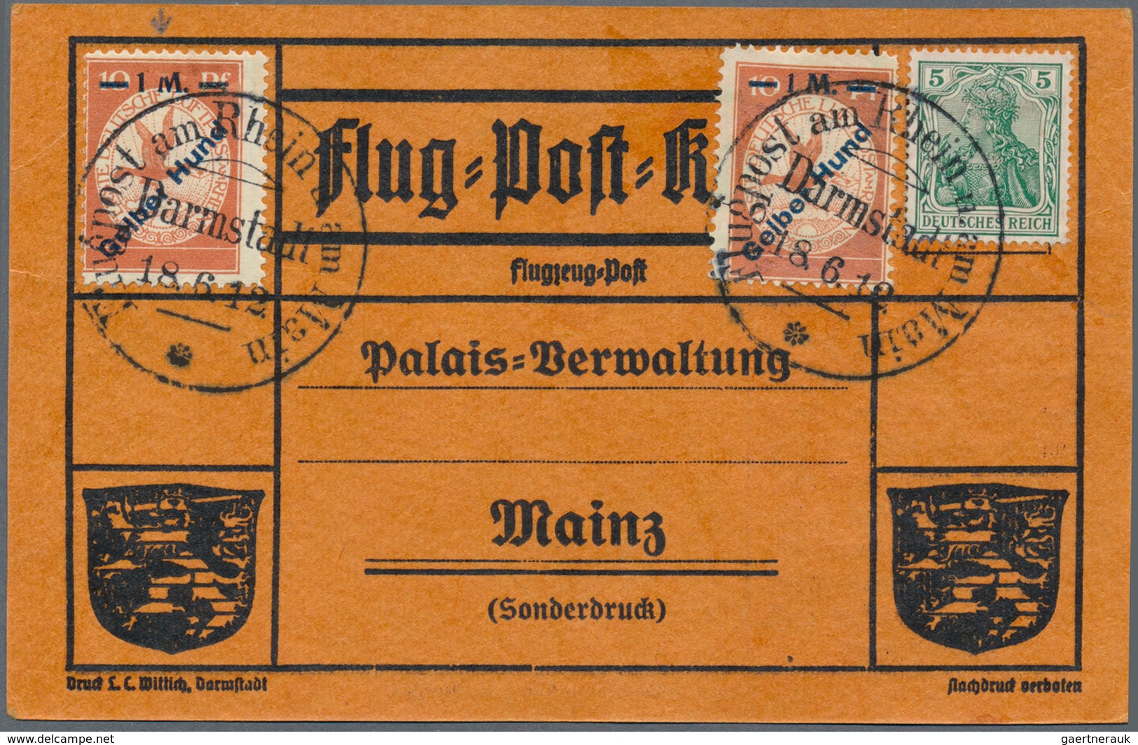 17953 Deutsches Reich - Germania: 1912: Flugpost Rhein-Main/Gelber Hund (Mi IV) 2x Auf Oranger Karte Mit S - Unused Stamps