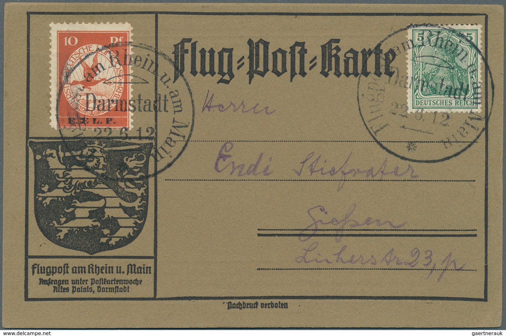 17958 Deutsches Reich - Germania: 1912, Flugpostmarke 10 Pf. E.EL.P. Mit Zusatzfrankatur Auf Entsprechende - Unused Stamps