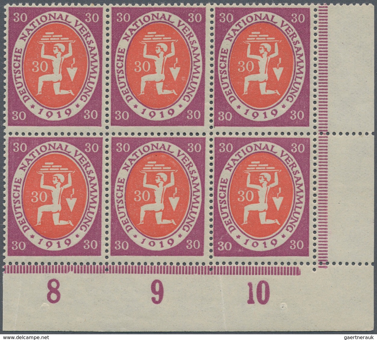17967 Deutsches Reich - Inflation: 1919, 30 Pf. Nationalversammlung, Postfrischer ER-Sechserblock Unten Re - Covers & Documents
