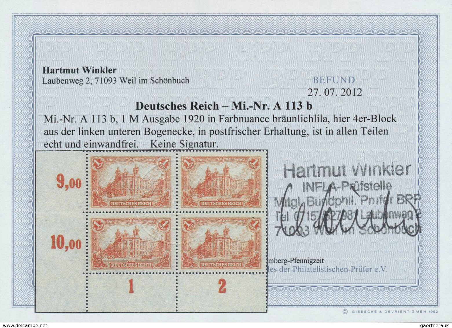 17968 Deutsches Reich - Inflation: 1920, 1 M Reichspostamt Bräunlichlila, Postfr. Viererblock Aus Der Link - Covers & Documents