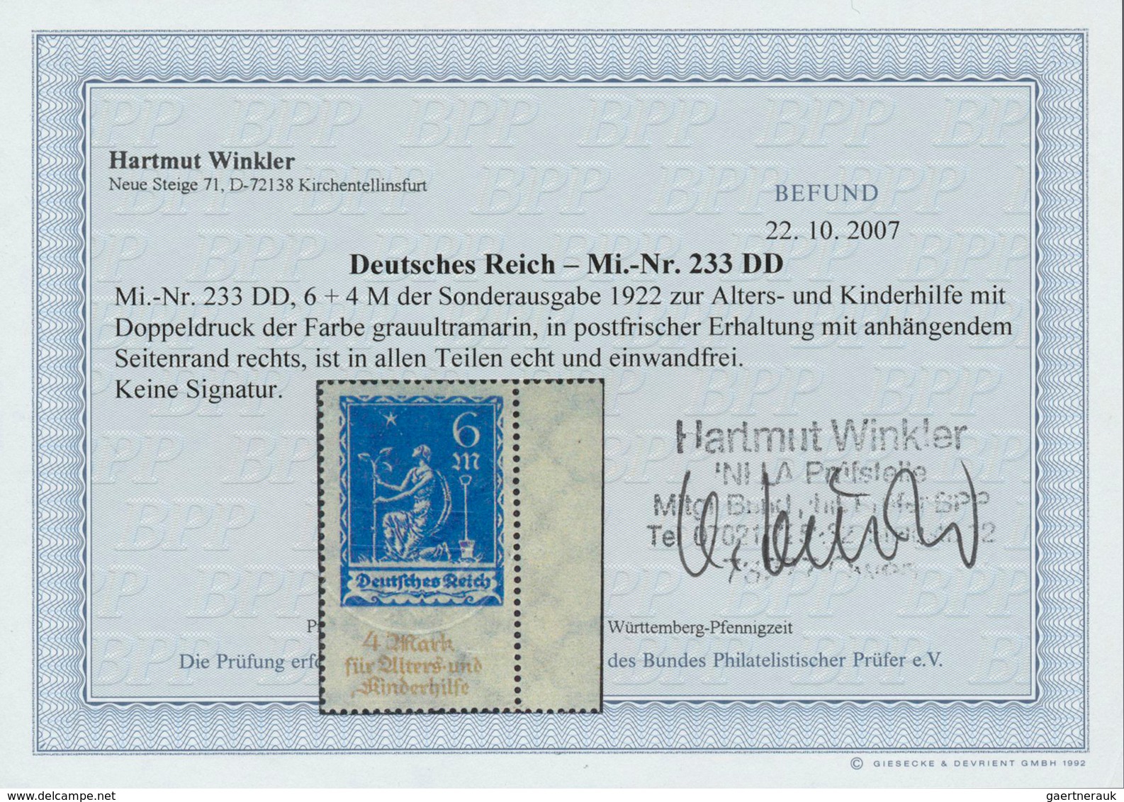 17997 Deutsches Reich - Inflation: 1922, 6 M Kinderhilfe, Einwandfrei Postfrisches Exemplar Vom Rechten Ra - Covers & Documents