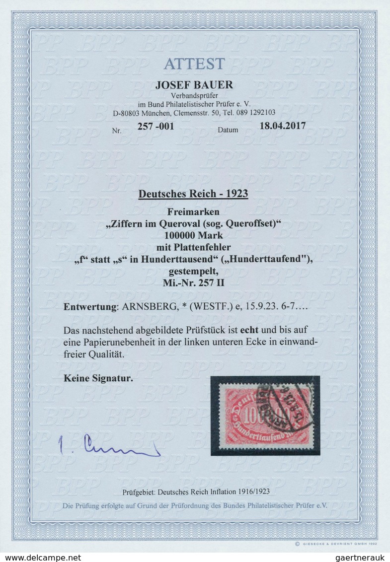 18002 Deutsches Reich - Inflation: 1923, 100000 M., Ziffer Im Queroval Mit Plattenfehler "f" Statt "s" In - Covers & Documents