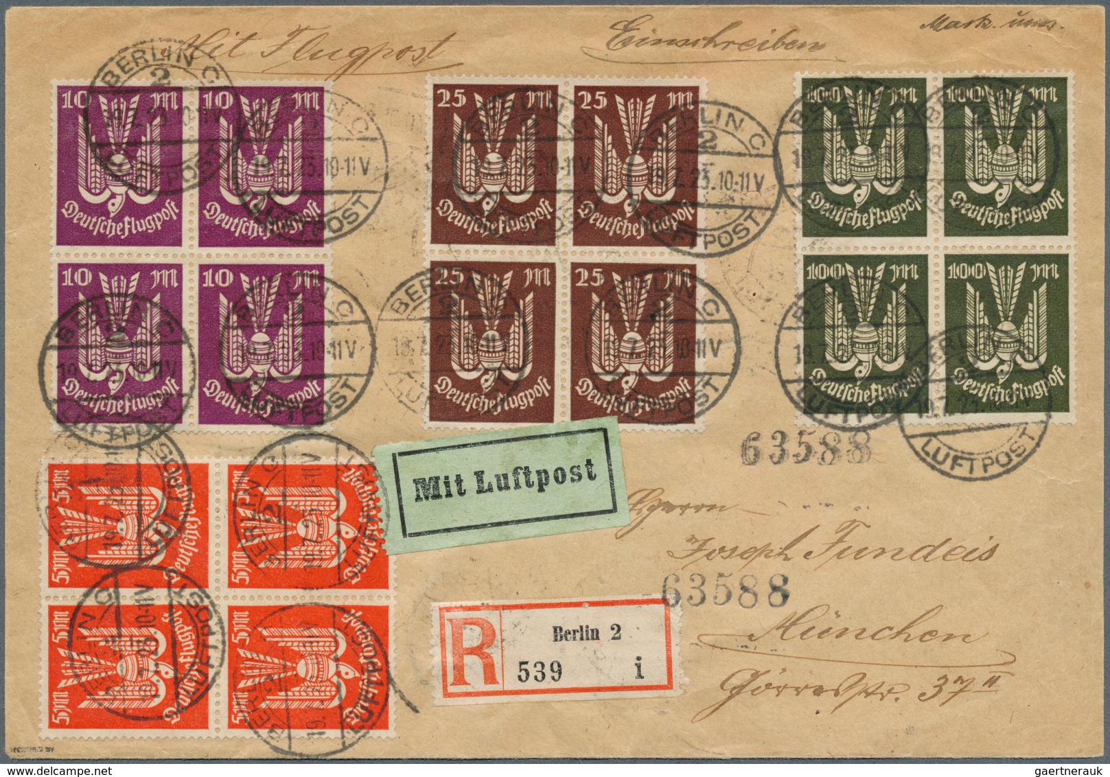 18004 Deutsches Reich - Inflation: 1923, Luftpost-R-Brief Mit 5 Mark Holztaube Im Viererblock Sowie Im 10- - Lettres & Documents