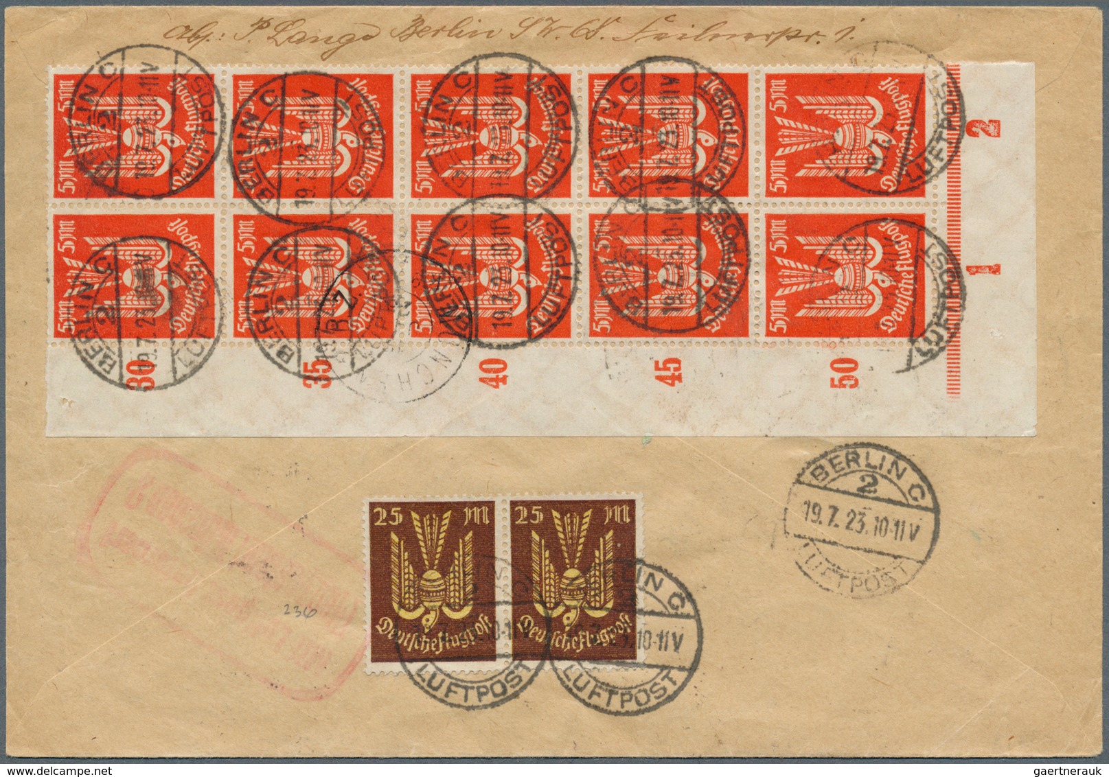 18004 Deutsches Reich - Inflation: 1923, Luftpost-R-Brief Mit 5 Mark Holztaube Im Viererblock Sowie Im 10- - Covers & Documents