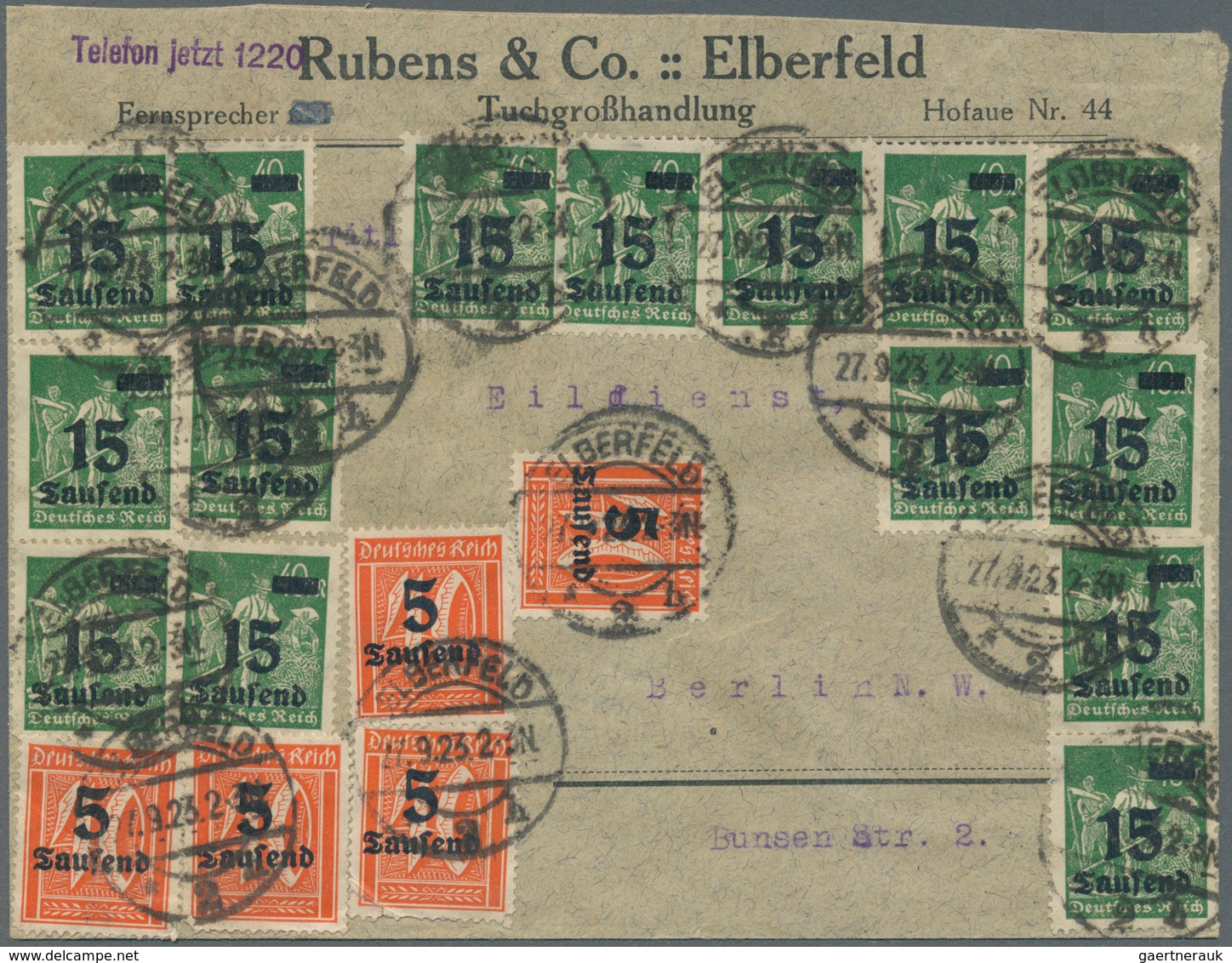 18012 Deutsches Reich - Inflation: 1923, 15 Tsd. Auf 40 M Mit Seltenem Plattenfehler Des Aufdruckes "1 Der - Covers & Documents