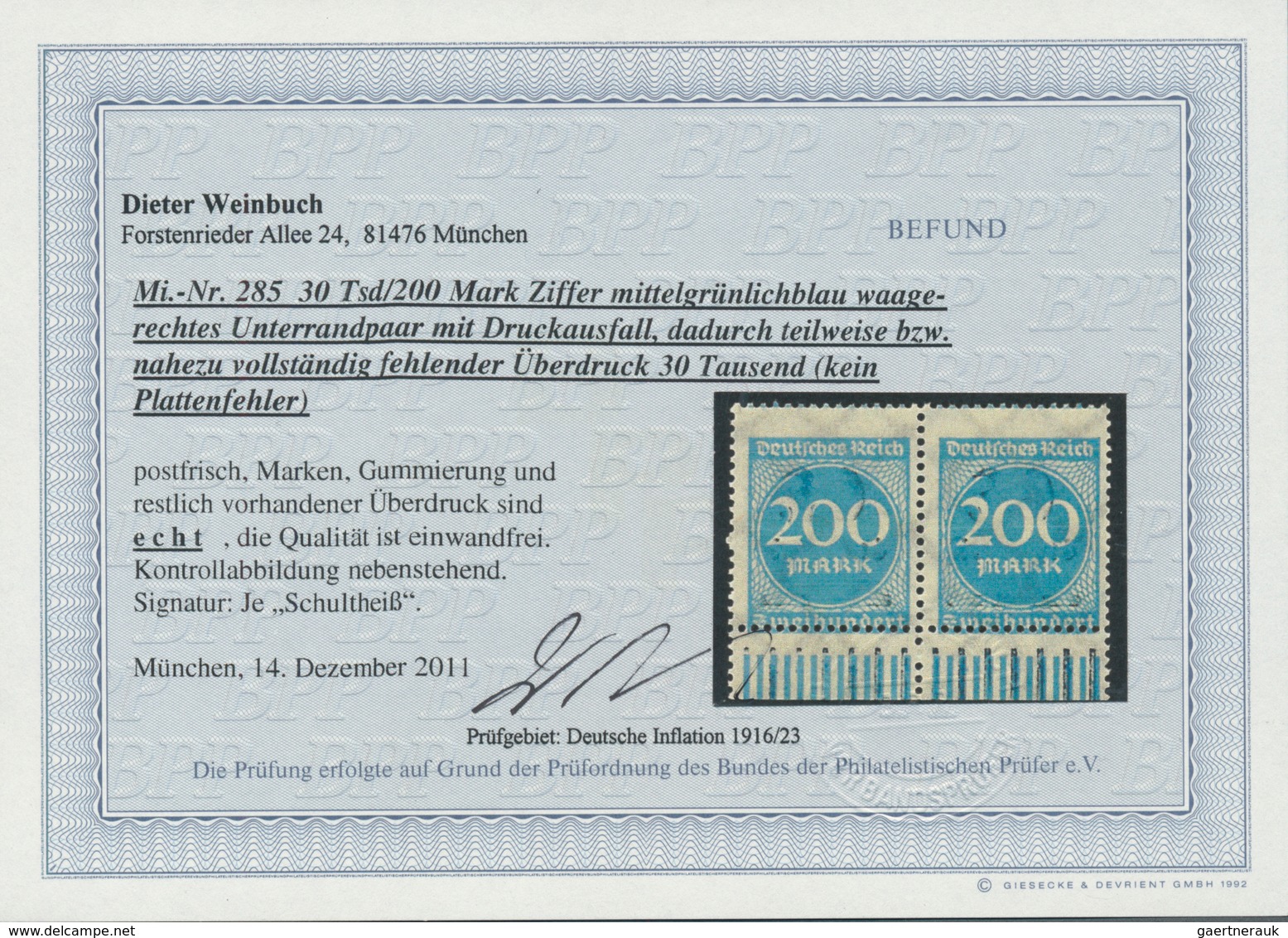 18015 Deutsches Reich - Inflation: 1923, 30 Tsd Auf 200 Mark Grünlichblau, Waagerechtes Unterrandpaar Mit - Covers & Documents