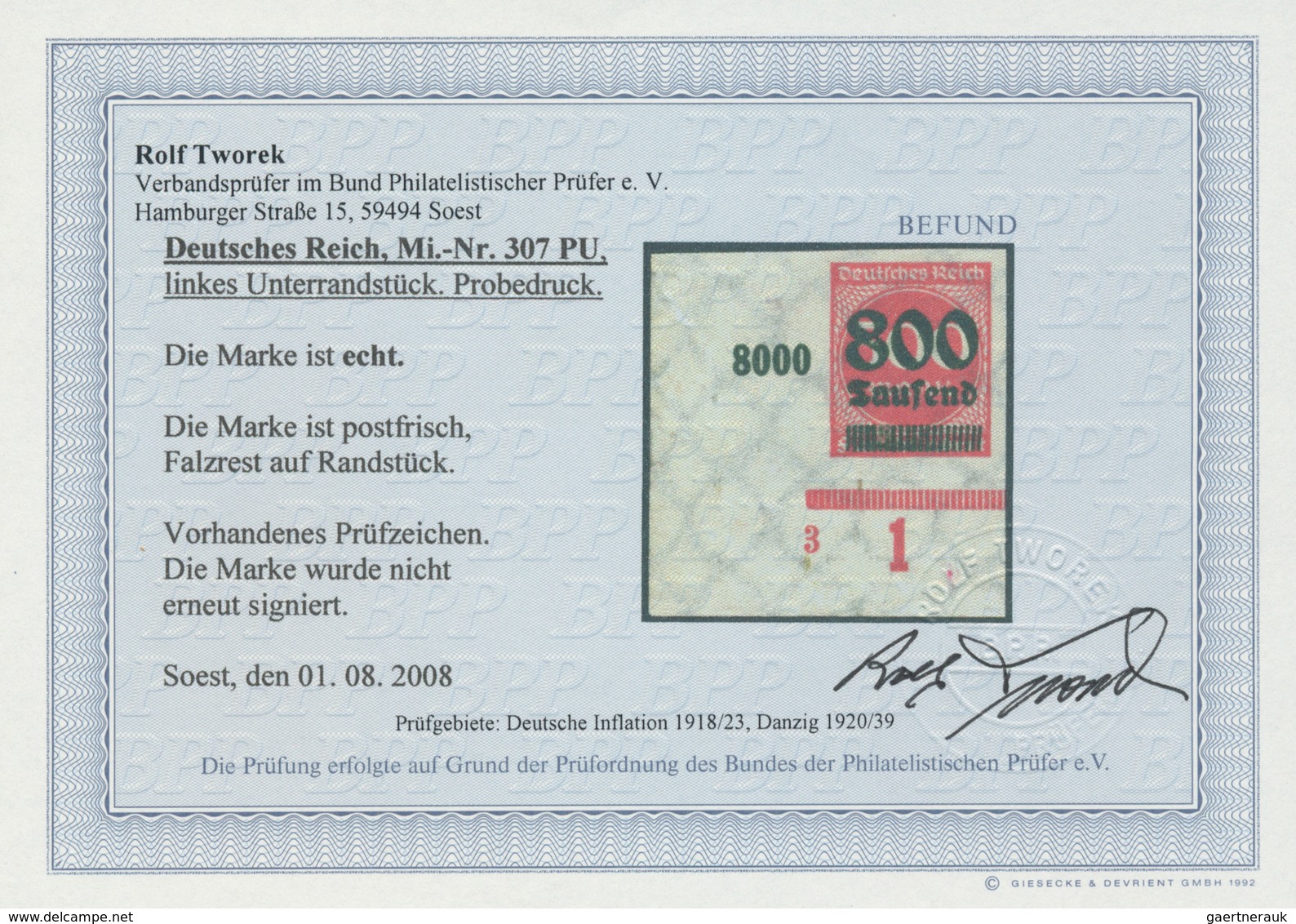 18016 Deutsches Reich - Inflation: 800 T. A. 500 Ungezähnter Probedruck In Rot Aus Der Linken Unteren Boge - Covers & Documents