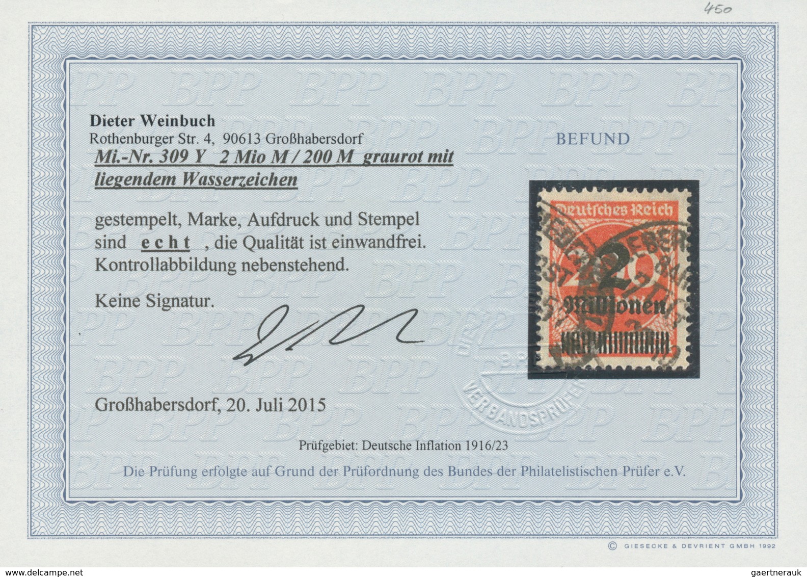 18020 Deutsches Reich - Inflation: 1923, 2 Mio. M Auf 200 M Mit Liegendem Wasserzeichen, Gestempeltes Prac - Covers & Documents