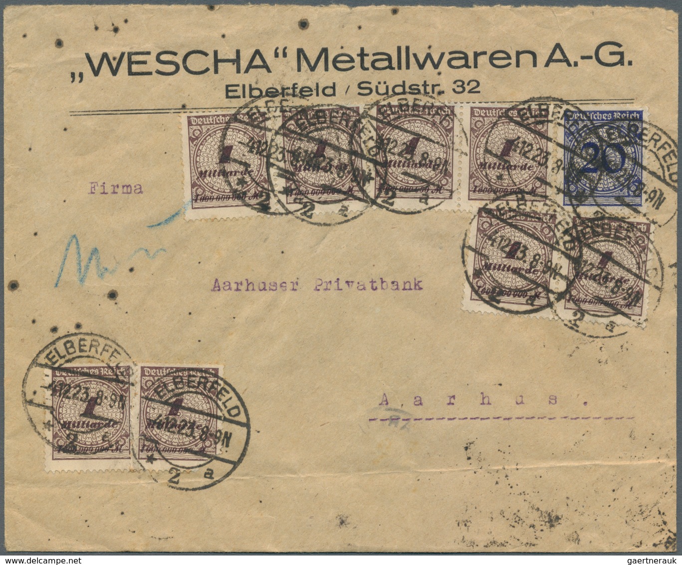 18023 Deutsches Reich - Inflation: 1923, 8 X 1 Mrd M Lilabraun Zusammen Mit 3 X 3 Pf Braun Und 20 Pf Dkl'v - Covers & Documents