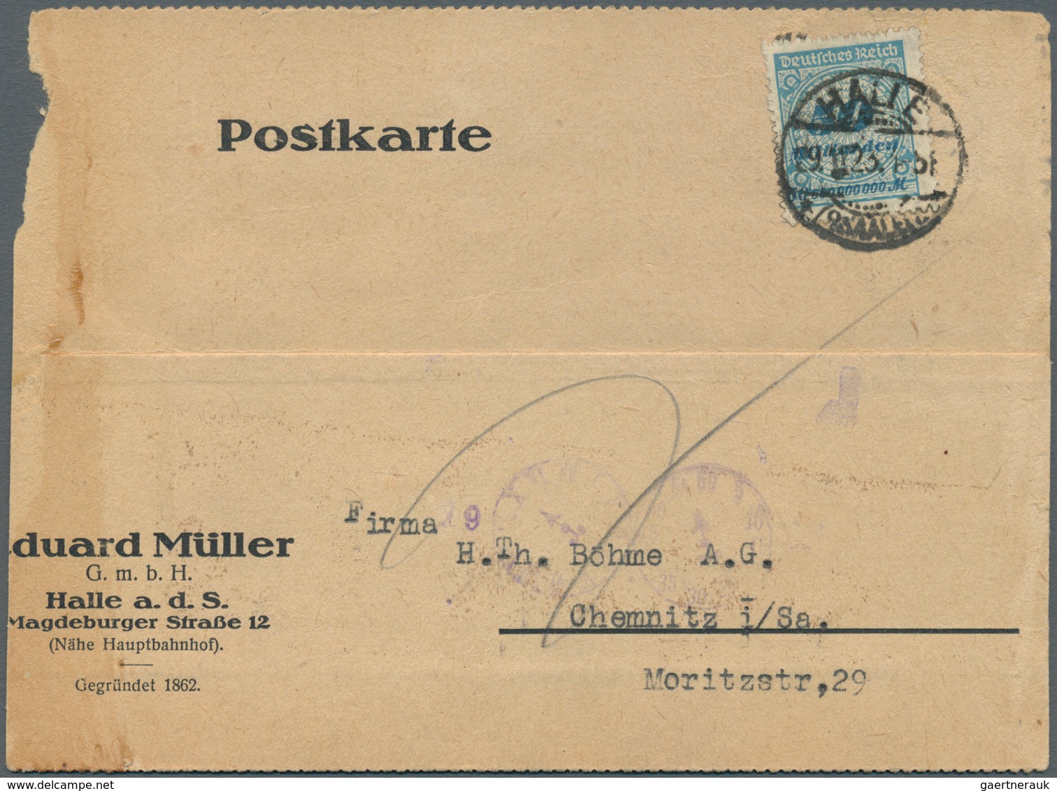 18025 Deutsches Reich - Inflation: 1923, 50 Mrd M Korbdeckel, Durchstochen, Einzelfrankatur Auf Firmenkart - Lettres & Documents