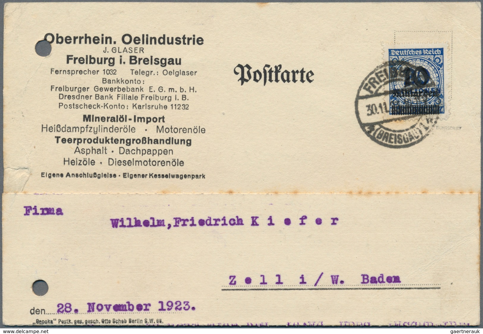 18029 Deutsches Reich - Inflation: 1923, "10 Miliarden" Auf 20 Mio Dunkelblau Durchstochen Seltene Einzelf - Covers & Documents