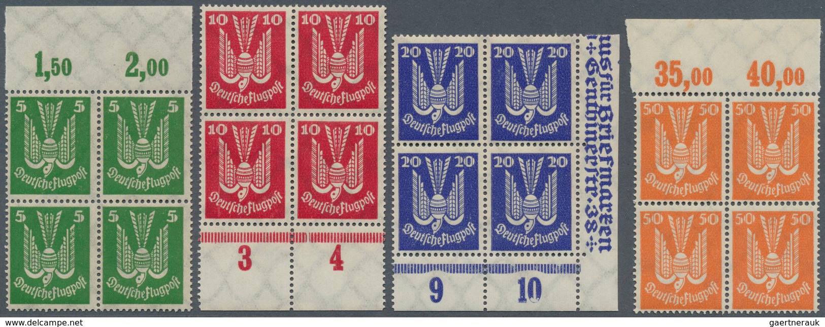 18036 Deutsches Reich - Weimar: 1924, Flugpost Holztaube, 5 Pfg. Bis 300 Pfg., Kompletter Rand-4er-Block-S - Unused Stamps