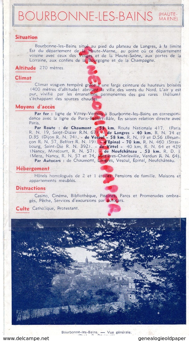 52- BOURBONNE LES BAINS- BEAU DEPLIANT TOURISTIQUE -ILLUSTRATEUR M. LEMAITRE 1949- LA VILLE DE LA GUERISON - Tourism Brochures